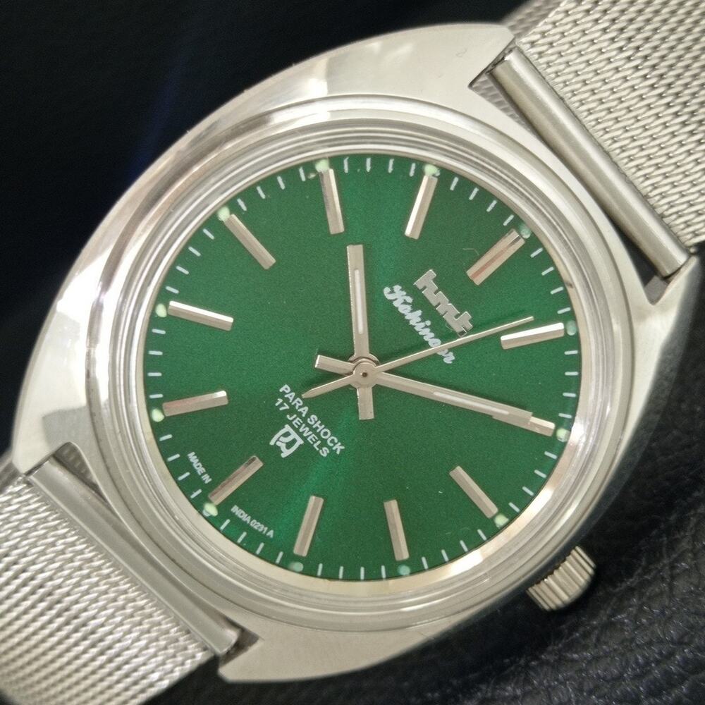 Vintage 1970 HMT Manual Wound Mens Silver Watch & Green accents